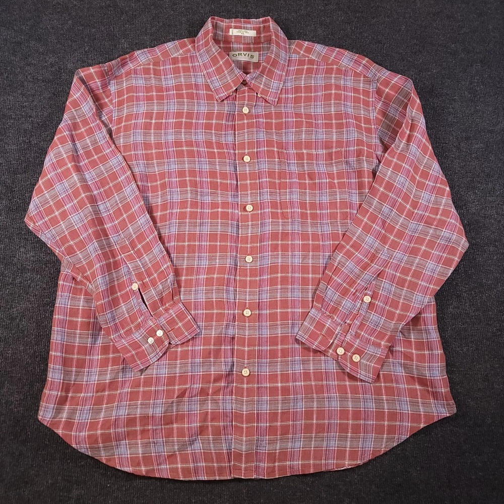 Orvis Red Plaid Linen Button Front Shirt XXL Long Sleeve Casual‎ Made in India - Picture 2 of 9